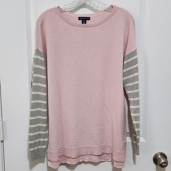 American Living Women M Pink Gray Cotton Modal Striped Sleeve Pullover Sweater - Picture 1 of 7